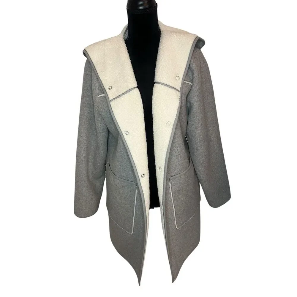 NWT Mo-Ka Women's Gray‎ Sherpa Lined Hooded Overcoat Size L Winter Coat
